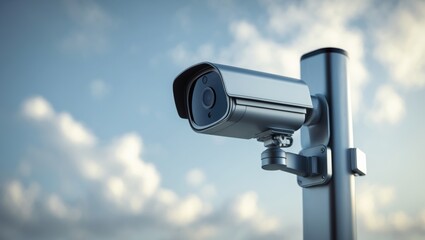 Urban surveillance camera positioned on a pole with a bright sky backdrop