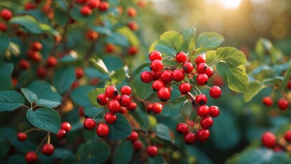 Obraz premium Close-up of red rose hip fruits in an autumn garden scene