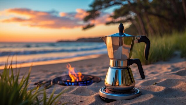 Cooking fresh breakfast on a primus stove at a summer campsite with a bonfire