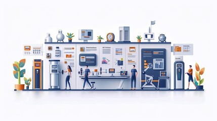 Futuristic fitness center with advanced training gear and a detailed class schedule The scene includes men and women actively training with plants and infographics in a clean white background