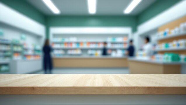 Empty natural wood counter with blurred pharmacy background