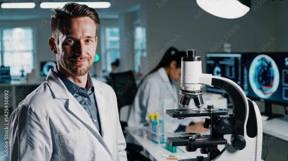 Poster scientist working in modern laboratory with advanced equipment and collaborative environment
