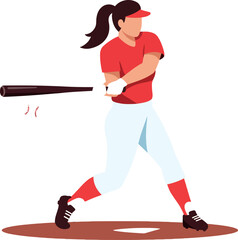 Female baseball player in red uniform swinging bat hitting ball vector illustration 