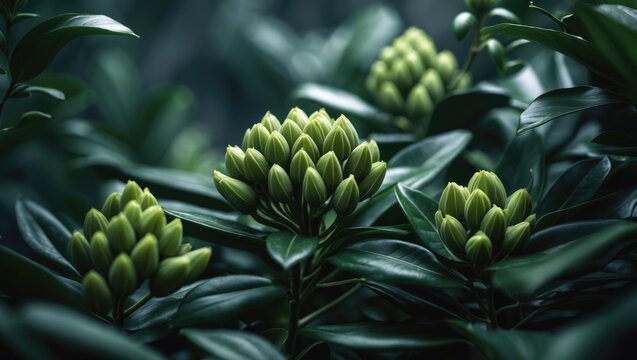 Lxora plant also known as soka flower or bunga jarum, characterized by dense foliage and green flower buds.