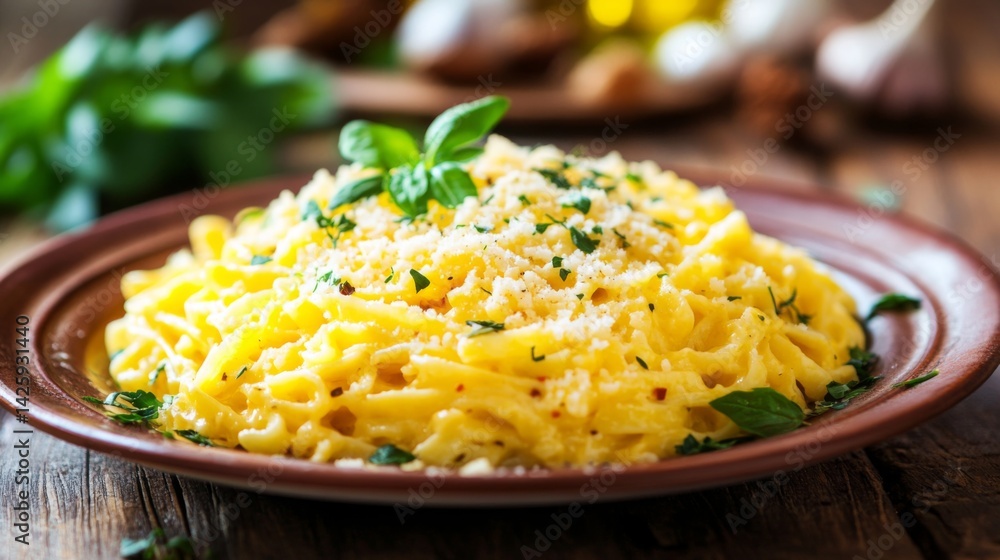 Aufkleber a vibrant plate of fettuccine carbonara elegantly plated with a drizzle of olive oil, fresh herbs, a