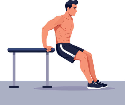 Muscular man performing triceps dips exercise on parallel bars workout routine in gym environment 