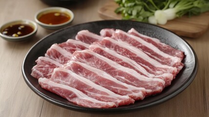 A vibrant plate of thinly sliced pork for shabu, arranged neatly beside a hot pot, surrounded by fresh vegetables and dipping sauces on a wooden table
