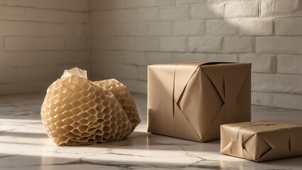 Eco-friendly honeycomb wrapping paper used for packaging, with blocks of wrapping paper on the floor
