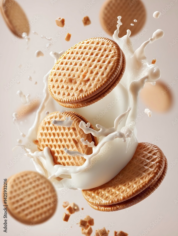 Poster cookies splashing into a pool of milk, creating a dynamic scene with floating biscuit pieces