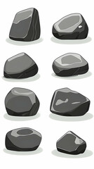 Collection of various gray stones, isolated on white background; useful for game design or website illustration