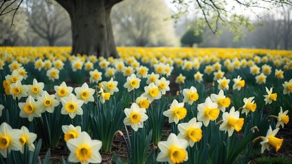 Fototapeta premium Expansive field of daffodils flourishing beneath a tree
