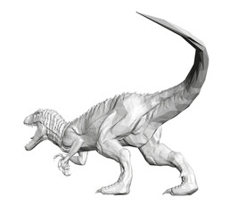 A large dinosaur is walking across a white background. The dinosaur has a long tail and is reaching out with its mouth open. Concept of power and strength, as well as a sense of danger and awe