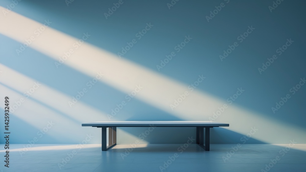 Poster empty table against smooth wall background with panoramic sunny light and abstract shadows