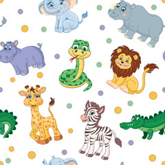 Seamless pattern with African animals. Lion, elephant, giraffe, rhinoceros, monkey, snake. Hippopotamus illustration for kids