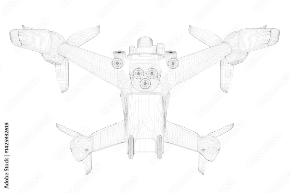 Poster a drawing of a drone with a black and white color scheme. the drone is designed to be used for surve