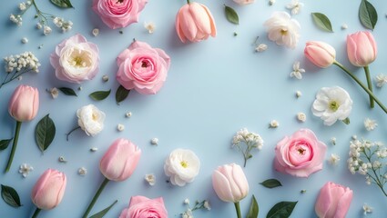 Pink roses floral flat lay on white background with top view and ample copy space