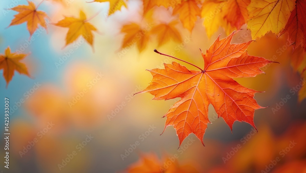 Poster vivid maple leaves macro shot with a blurred autumn background