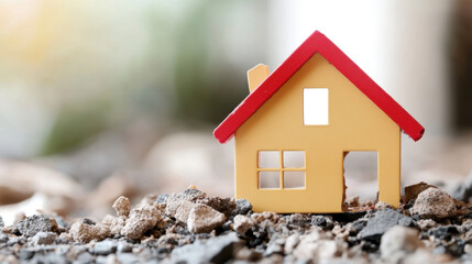 Fototapeta na wymiar small model house sits on cracked ground, symbolizing impact of natural disasters on homes. This evokes feelings of vulnerability and importance of insurance