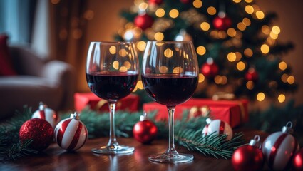 Cozy holiday scene with a red wine glass amid Christmas decorations for festive celebrations