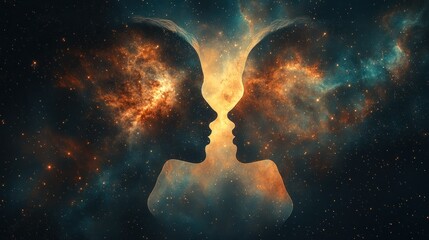 Two profiles facing each other, nebulae surrounding them