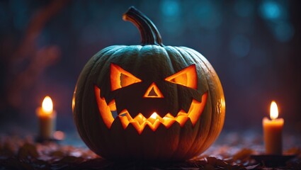 Fototapeta premium Spooky Kaleidoscope Pattern of a Creepy Carved Pumpkin with a Scary Face