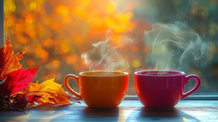 Autumnal Warmth. Two steaming cups of hot beverage on a windowsill, surrounded by autumn leaves