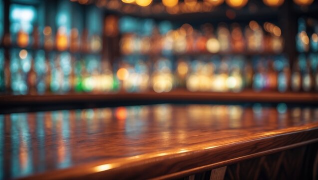 Empty wooden bar counter with blurred background and space for text
