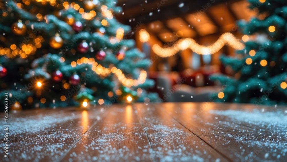 Poster snowfall on an empty wooden table with festive background