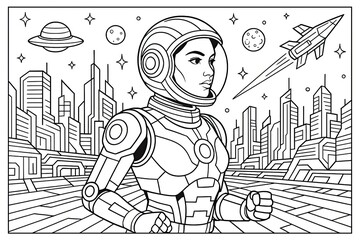 Astronaut Woman in Futuristic Cityscape Line Art Illustration