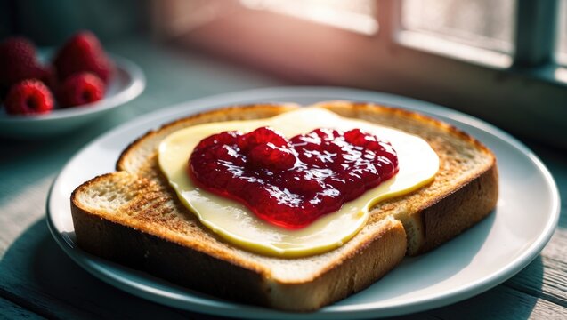 Jam arranged in a heart shape on toast at a breakfast table