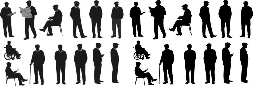 silhouettes of older men in different movements, vector set of elderly men