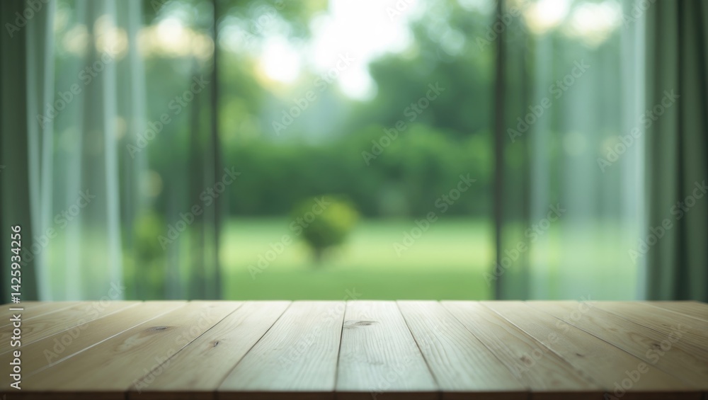 Poster empty wooden table surface with blurred curtain and garden view window background, ideal for montage
