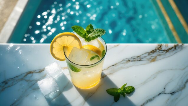 Refreshing lemon and mint iced beverage in a glass with ice, perfect for summer cooling and healthy hydration.
