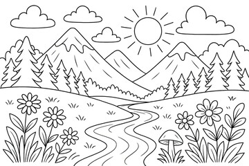 Black and White Line Art Mountain Landscape with River and Flowers