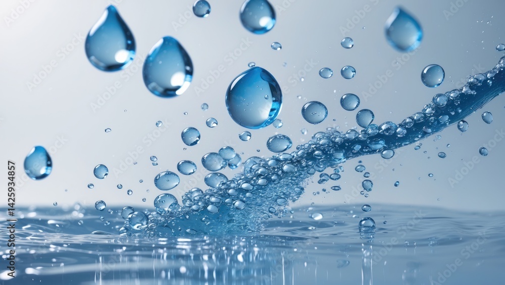 Poster water bubbles and oxygen flow in underwater scene with clear liquid on white background
