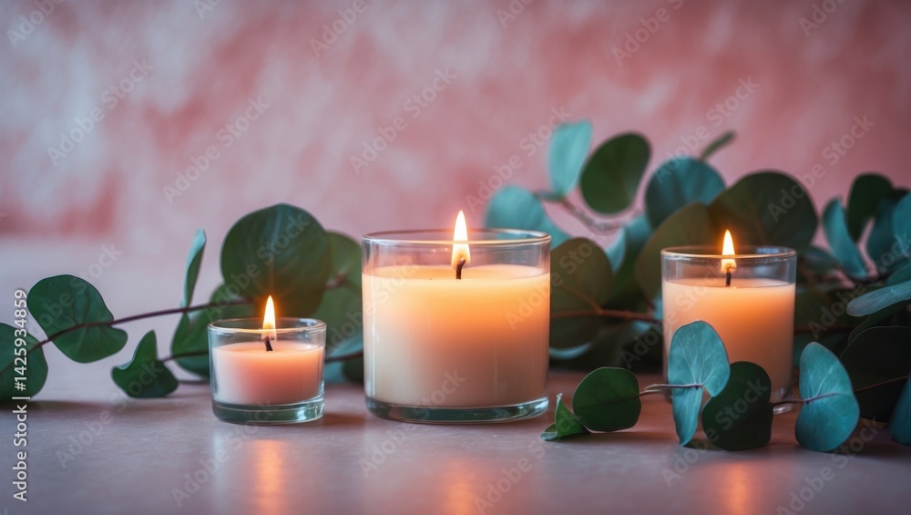 Poster Decorative setup with lit candles and natural elements on a table