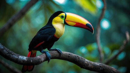 Fototapeta premium Beautiful Keel-billed Toucan with large bill sitting outdoors in a vibrant tropical habitat, representing wildlife in Nicaragua and nearby countries.