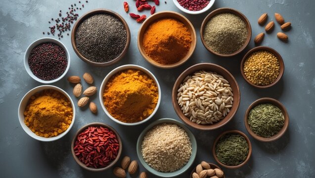 Superfoods and Cereals in Bowls: Quinoa, Chia, Goji Berry, Mung Bean, Buckwheat, Beans, Turmeric, Polba, Bulgur, Lentils, Sesame, Flax Seed, Wild Rice, Almonds