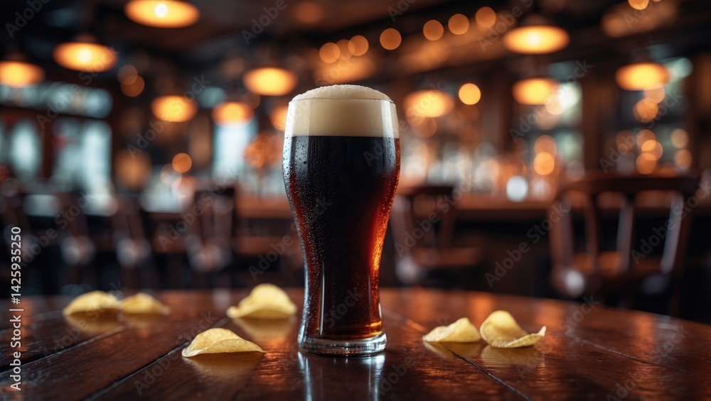 Poster frosted dark ale served in a mug on a wooden surface in a pub setting