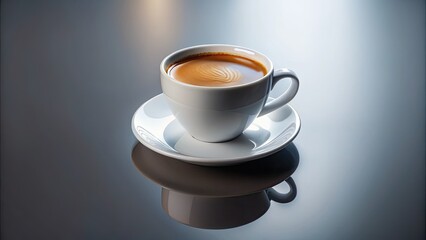 Aerial Coffee Cup Photography: Isolated White Ceramic Mug with Brown Liquid, Smooth Surface Reflection