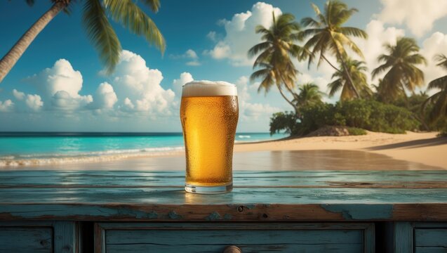 Cold beer on a wooden desk with space for your decoration, featuring a beach landscape with palms, a sunny summer day, ocean view with blue sky, and a beach party