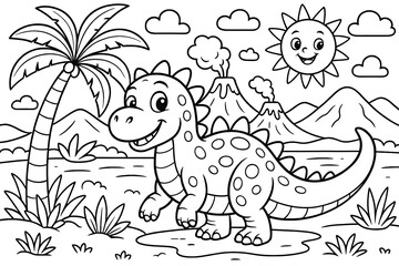 Cute Cartoon Dinosaur on Tropical Beach Coloring Page