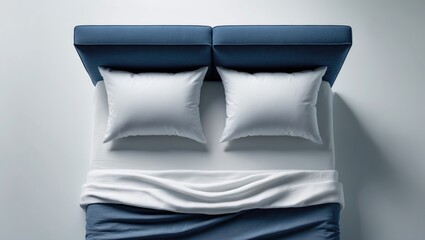 Close-up of a modern blue bed with white blanket and pillows in a contemporary bedroom setting
