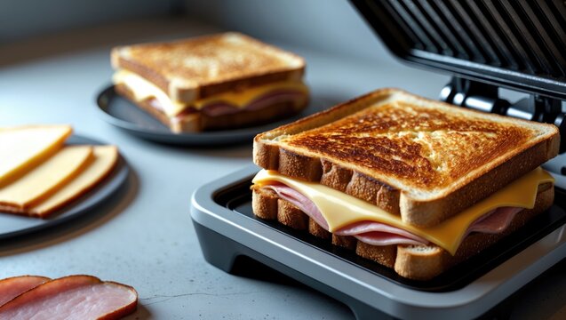 Close-up of two ham and cheese sandwiches toasted in a sandwich toaster machine