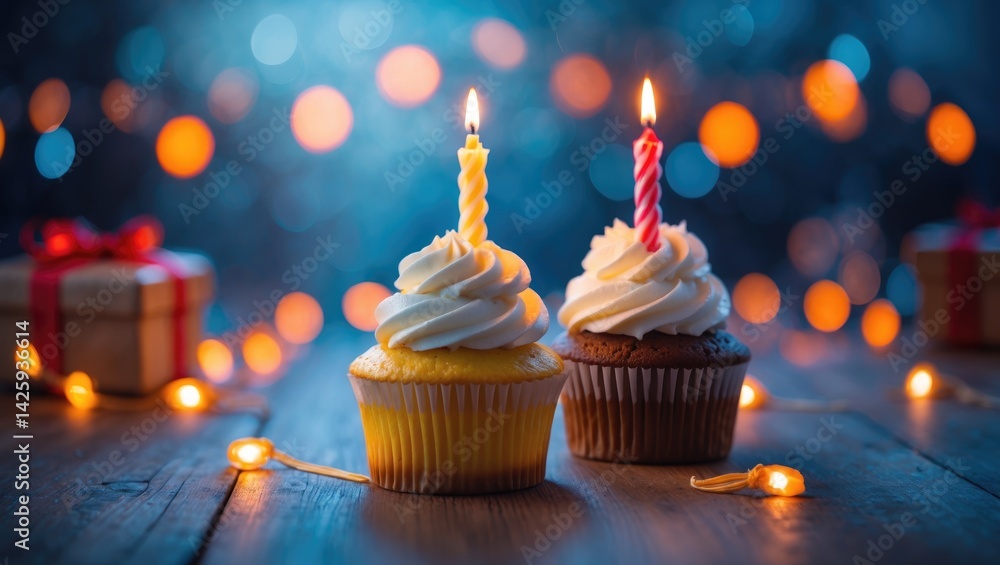 Poster festive cupcake with candles and colorful background for holiday celebrations with space for greetin