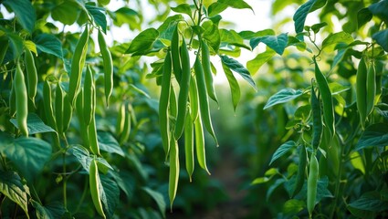 Close-up of green bean pods in a lush plantation during summer