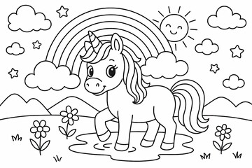 Cute Unicorn in a Flowery Meadow with Rainbow and Sun