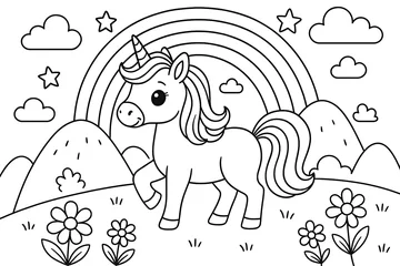 Cute Unicorn in a Magical Landscape with Rainbow