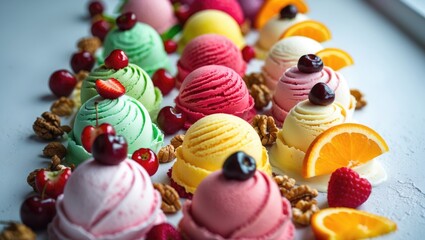 Obraz premium Assorted ice cream scoops arranged in a row with decorations, top-down shot