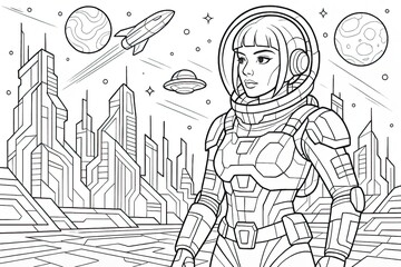 Female Astronaut in Futuristic Cityscape Line Art Illustration